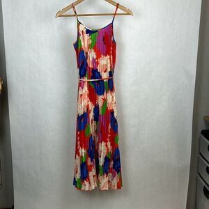 Sam Edelman Pleated Plisse Satin Belted Dress Sz S Multi Water Color Floral Midi